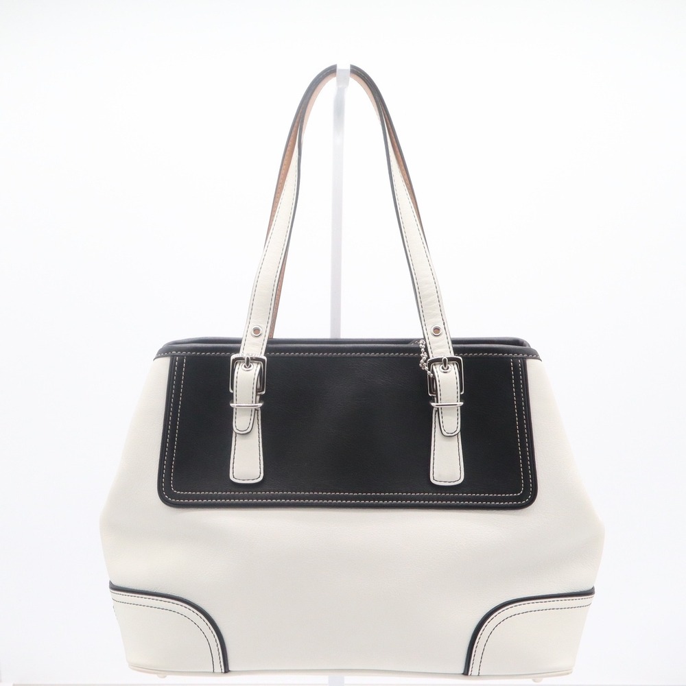 Coach Hamptons Black White Leather Colorblock Tote Shoulder Bag Buckle Detail